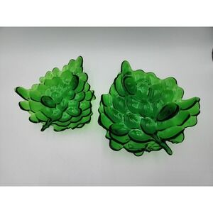 Vtg 60s Green Glass Leaf Shape Grape Footed Dishes Set Of 2 Mid-Century Bowls